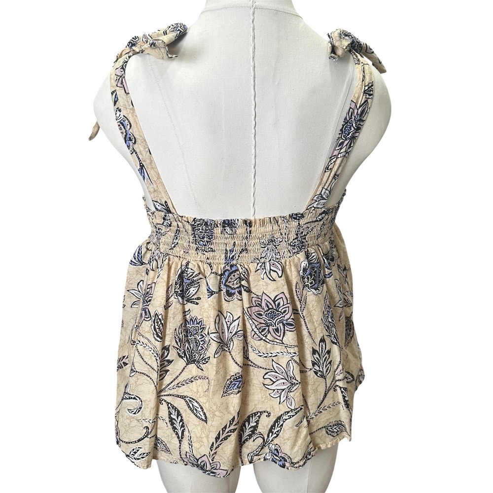 Angels Forever Young Top Women L Beige Floral Paisley Smocked Tie Strap Babydoll - Picture 3 of 9